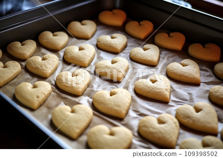 Heart shaped cookies on baking tray 109398502