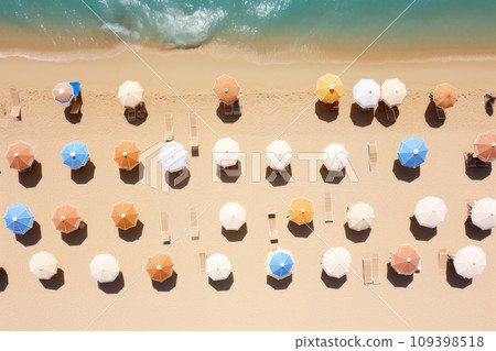 Aerial view of beach with lounge chairs and umbrellas 109398518