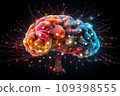 Creative model of human brain in vibrant colors on dark background. Artificial intelligence, technology, neural networks, futuristic concept 109398555