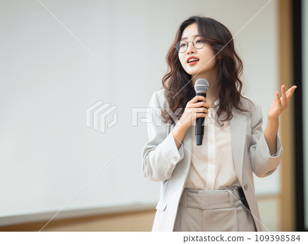 女人跟麥克風說話 女人跟麥克風說話 109398584