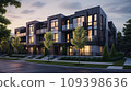 Residential minimalist architecture exterior. A very modern neighborhood, late afternoon or morning shot. 109398636