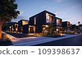 Residential minimalist architecture exterior. A very modern neighborhood, late afternoon or morning shot. 109398637