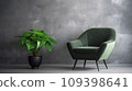 Dark green armchair and a big house plant in a big vase in modern home decoration. 109398641