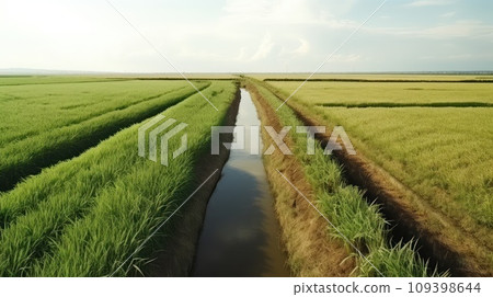 Empty ground road across large sugarcane plantation at summer Asian farmland site Empty ground road across large sugarcane plantation at summer Asian farmland site 109398644
