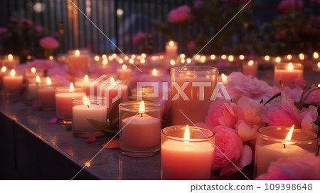 Aromatic candles burns creating coziness and relaxing atmosphere on table in spa procedure salon Aromatic candles burns creating coziness and relaxing atmosphere on table in spa procedure salon 109398648