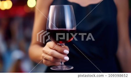 Female hand holds one glass goblet with white wine. Female hand holds one glass goblet with white wine. 109398652