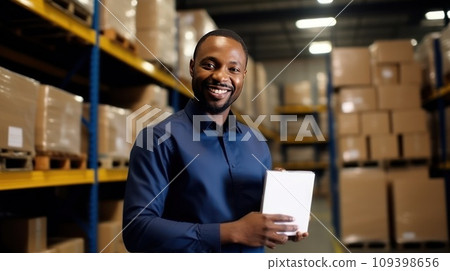 Businessman standing in his fabric warehouse and working with tablet PC. Businessman standing in his fabric warehouse and working with tablet PC. 109398656