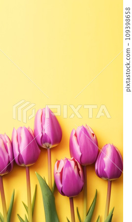 AI-generated content. Beautiful flowers, purple tulips on a bright yellow background. Postcard template Women's Day, March 8, Nurse's Day 109398658