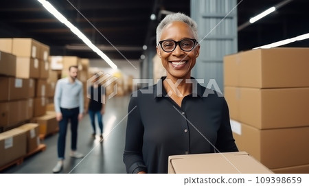 Businesswoman standing on fabric warehouse and working with papers. Businesswoman standing on fabric warehouse and working with papers. 109398659