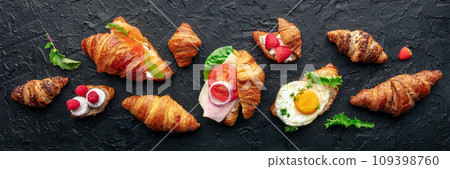 Croissant sandwich set panorama. Different stuffed croissants, overhead 109398760