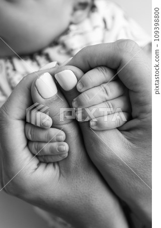 Parents' hands hold the fingers of a newborn baby. The hand of a mother and father close-up holds the fist of a newborn baby. Family health and medical care. Tiny fingers in a black and white photo. Parents' hands hold the fingers of a newborn baby. The hand of a mother and father close-up holds the fist of a newborn baby. Family health and medical care. Tiny fingers in a black and white photo. 109398800
