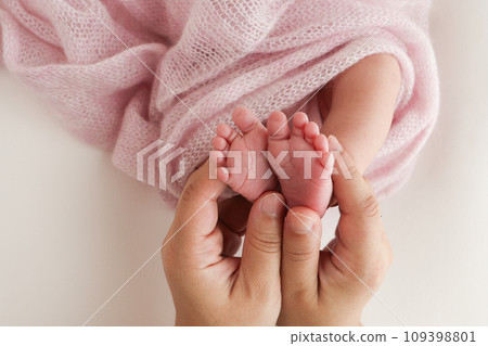 The palms of the father, the mother are holding the foot of the newborn baby in a pink blanket. Feet of the newborn on the palms of the parents. Photography of a child's toes, heels and feet  109398801