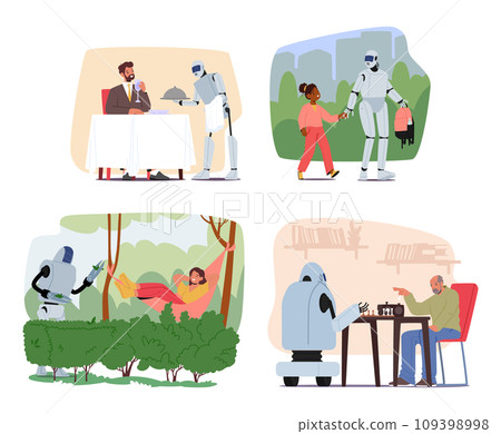 Futuristic Robots Execute Daily Human Routines, Serving In Restaurant, Walk With Kids, Gardening And Playing Chess 109398998