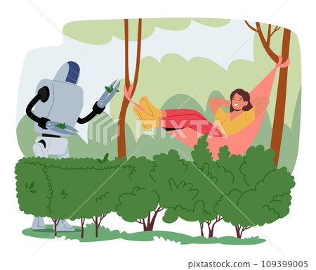 Robot Gardener Character Deftly Trims Shrubs With Its Mechanical Arms Scissors, Bringing Order To The Garden Robot Gardener Character Deftly Trims Shrubs With Its Mechanical Arms Scissors, Bringing Order To The Garden 109399005