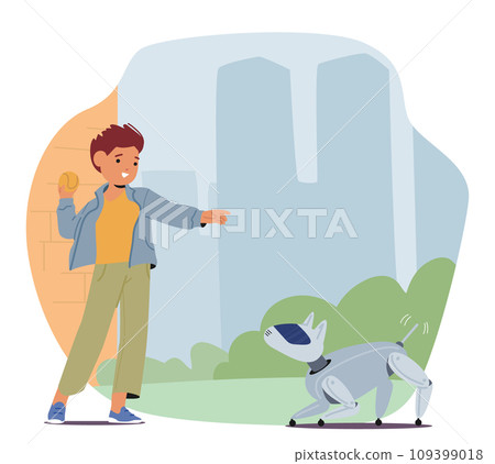 Gleeful Child Joyfully Engages With Robotic Dog, Their Laughter Echoing In The Air As The Futuristic Companion Responds Gleeful Child Joyfully Engages With Robotic Dog, Their Laughter Echoing In The Air As The Futuristic Companion Responds 109399018
