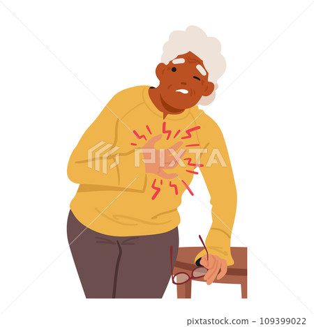 Frail Senior Woman Clutches Her Chest In Agony, Face Contorted With Pain, As The Ominous Grip Of A Heart Attack 109399022