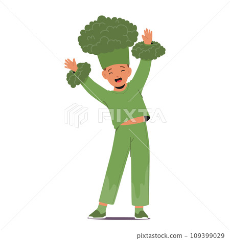 Playful Kid Joyfully Dons A Broccoli Costume, Adding A Whimsical Touch To The Festivities With Green, Leafy Ensemble Playful Kid Joyfully Dons A Broccoli Costume, Adding A Whimsical Touch To The Festivities With Green, Leafy Ensemble 109399029