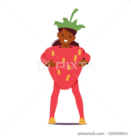 Cheerful Girl Wears A Vibrant Strawberry Costume, Complete With Seeds And Green Stem, Spreading Sweetness And Joy Cheerful Girl Wears A Vibrant Strawberry Costume, Complete With Seeds And Green Stem, Spreading Sweetness And Joy 109399041