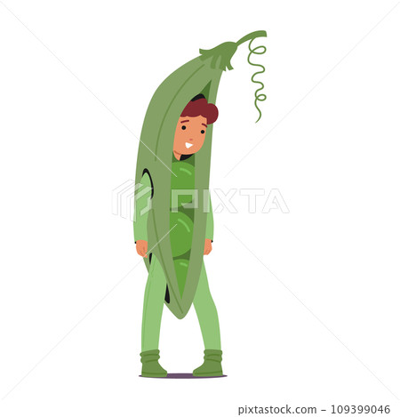 Cheerful Kid Wearing A Vibrant Green Peas Pod Costume, Complete With A Smiling Face Peeking Out, Vector Illustration Cheerful Kid Wearing A Vibrant Green Peas Pod Costume, Complete With A Smiling Face Peeking Out, Vector Illustration 109399046