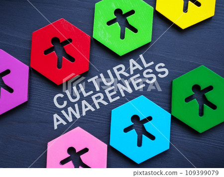 Cultural awareness. Multi colored figures and inscriptions. 109399079