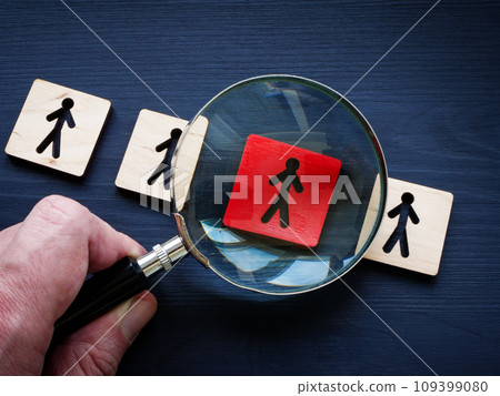 Talent acquisition and management. Hand with magnifying glass and figures. Talent acquisition and management. Hand with magnifying glass and figures. 109399080