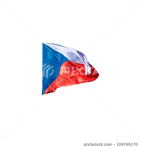 The Czech Republic flag is blue, white, and red and is shown waving in the wind. 109399170