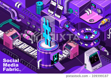Social media web concept in 3d isometric design. Online communication, emoticon, influence and follow. Abstract fabric production line in isometry graphic for corporate poster. Vector illustration. 109399187
