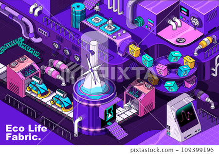 Eco life web concept in 3d isometric design. Green electricity and cars, sorting and recycling trash. Abstract fabric production line in isometry graphic for corporate poster. Vector illustration. 109399196