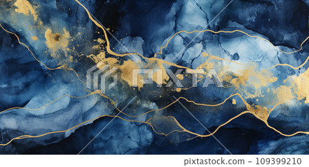 abstract background, blue spots with gold veins, texture of alcohol ink in blue and gold color 109399210