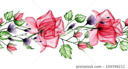 watercolor seamless border, frame with transparent flowers. pink and purple rose flowers, x-ray. watercolor seamless border, frame with transparent flowers. pink and purple rose flowers, x-ray. 109399211