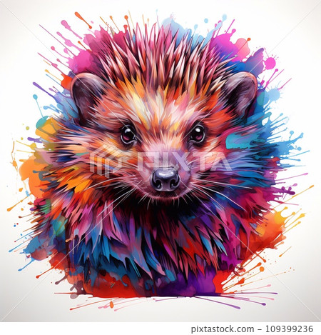 Hedgehog with colorful paint splashes on white background. 109399236