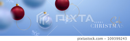 Christmas Sale banner with realistic blue and red balls and golden metallic 109399243
