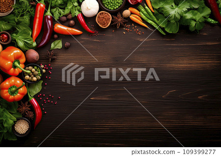 Assortment of vegetables, herbs and spices on wooden table.Top view. Copy space Assortment of vegetables, herbs and spices on wooden table.Top view. Copy space 109399277
