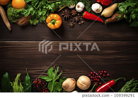 Assortment of vegetables, herbs and spices on wooden table.Top view. Copy space Assortment of vegetables, herbs and spices on wooden table.Top view. Copy space 109399291