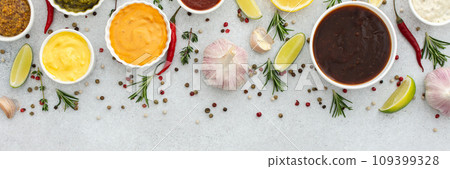 Different types of sauces in bowls 109399328