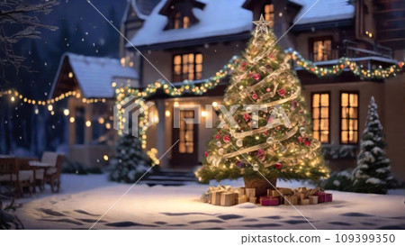 Fairy Christmas tree in courtyard of a cozy house in the background glows with warm fairy lights with golden decor, boxes with gifts. Christmas and New Year, festive mood, greeting card. AI generated 109399350