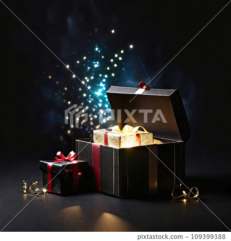 A black gift box on a black background with a magic light. Black Friday, Christmas, New Year. AI generated 109399388