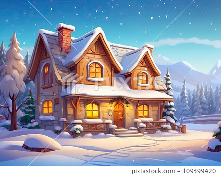 Cartoon Cozy wooden house in mountains at night with christmas trees and gifts in winter in the snow and snowfall with Christmas decor - holiday card. AI generated Cartoon Cozy wooden house in mountains at night with christmas trees and gifts in winter in the snow and snowfall with Christmas decor - holiday card. AI generated 109399420