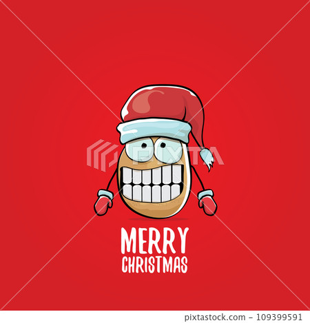 vector funky comic cartoon cute smiling santa claus potato with red santa hat and calligraphic merry christmas text isolated on red background. Happy Santa Claus clip art 109399591