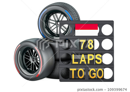 Moroccan racing, pit board with flag of Morocco and racing wheels with different compounds type tyres. 3D rendering 109399674