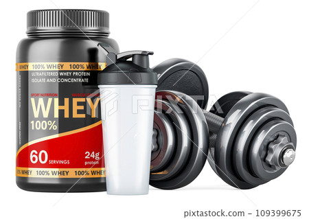 Sports Shaker Bottle with Dumbbells and Whey Protein Powder Jar, 3D rendering 109399675