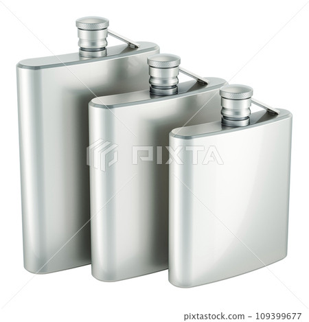 Set of silver hip flasks, 3D rendering Set of silver hip flasks, 3D rendering 109399677
