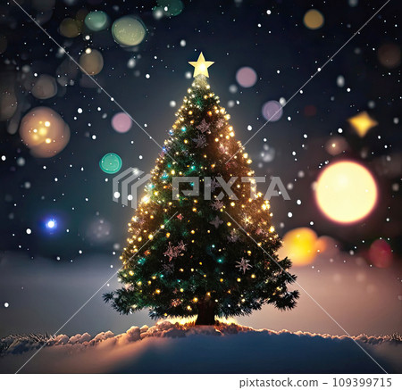Fairy Christmas tree in a fabulous style with multicolored decor on background with the bokeh of fairy lights, in the snow, in the center. Christmas and New Year, festive mood, greeting card Fairy Christmas tree in a fabulous style with multicolored decor on background with the bokeh of fairy lights, in the snow, in the center. Christmas and New Year, festive mood, greeting card 109399715