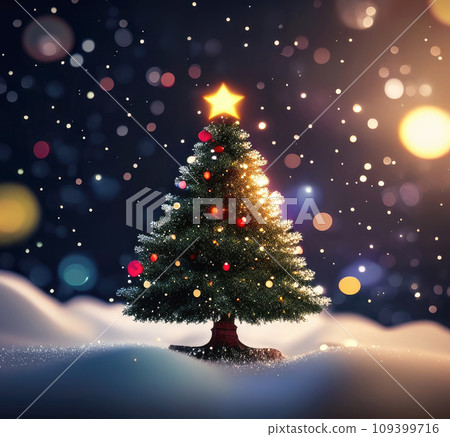 Fairy Christmas tree in a fabulous style with multicolored decor on background with the bokeh of fairy lights, in the snow, in the center. Christmas and New Year, festive mood, greeting card Fairy Christmas tree in a fabulous style with multicolored decor on background with the bokeh of fairy lights, in the snow, in the center. Christmas and New Year, festive mood, greeting card 109399716