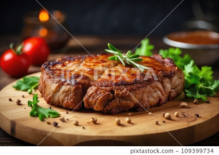 Delicious piece of meat steak on a wooden board with seasoning, herbs, pepper, close-up. Restaurant menu, cozy table, cinematic light 109399734