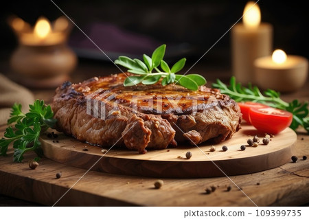 Delicious piece of meat steak on a wooden board with seasoning, herbs, pepper, close-up. Restaurant menu, cozy table, cinematic light Delicious piece of meat steak on a wooden board with seasoning, herbs, pepper, close-up. Restaurant menu, cozy table, cinematic light 109399735