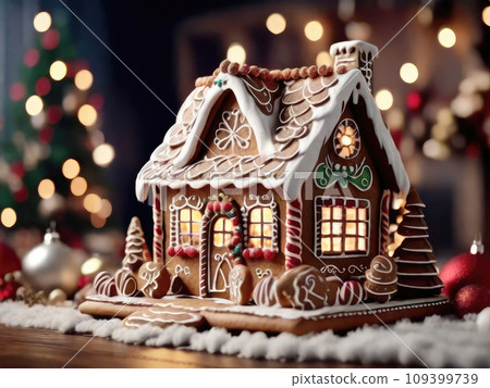 A traditional gingerbread house in a Christmas decor and fairy lights on a New Year's background. Delicious fragrant sweetness, homemade cakes, comfort in the house, housing, mortgage, insurance A traditional gingerbread house in a Christmas decor and fairy lights on a New Year's background. Delicious fragrant sweetness, homemade cakes, comfort in the house, housing, mortgage, insurance 109399739