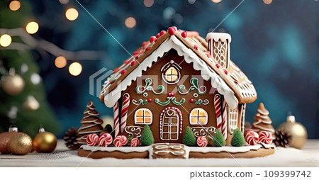 A traditional gingerbread house in a Christmas decor and fairy lights on a New Year's background. Delicious fragrant sweetness, homemade cakes, comfort in the house, housing, mortgage, insurance 109399742