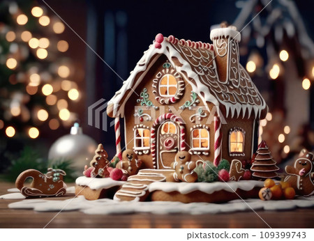 A traditional gingerbread house in a Christmas decor and fairy lights on a New Year's background. Delicious fragrant sweetness, homemade cakes, comfort in the house, housing, mortgage, insurance A traditional gingerbread house in a Christmas decor and fairy lights on a New Year's background. Delicious fragrant sweetness, homemade cakes, comfort in the house, housing, mortgage, insurance 109399743