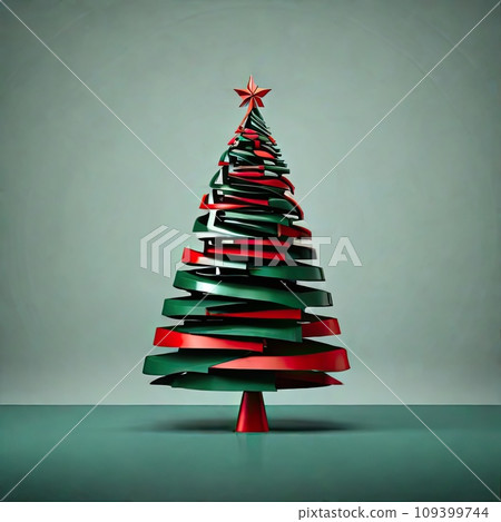 Fairy Christmas tree modern style with red-green decor of lines on a solid background. Christmas and New Year, festive mood, greeting card Fairy Christmas tree modern style with red-green decor of lines on a solid background. Christmas and New Year, festive mood, greeting card 109399744